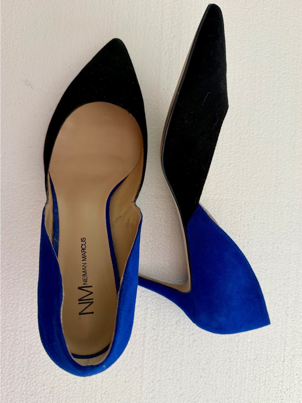 Neiman Marcus Blue and Black Suede D'Orsay Pointed-Toe Pumps
